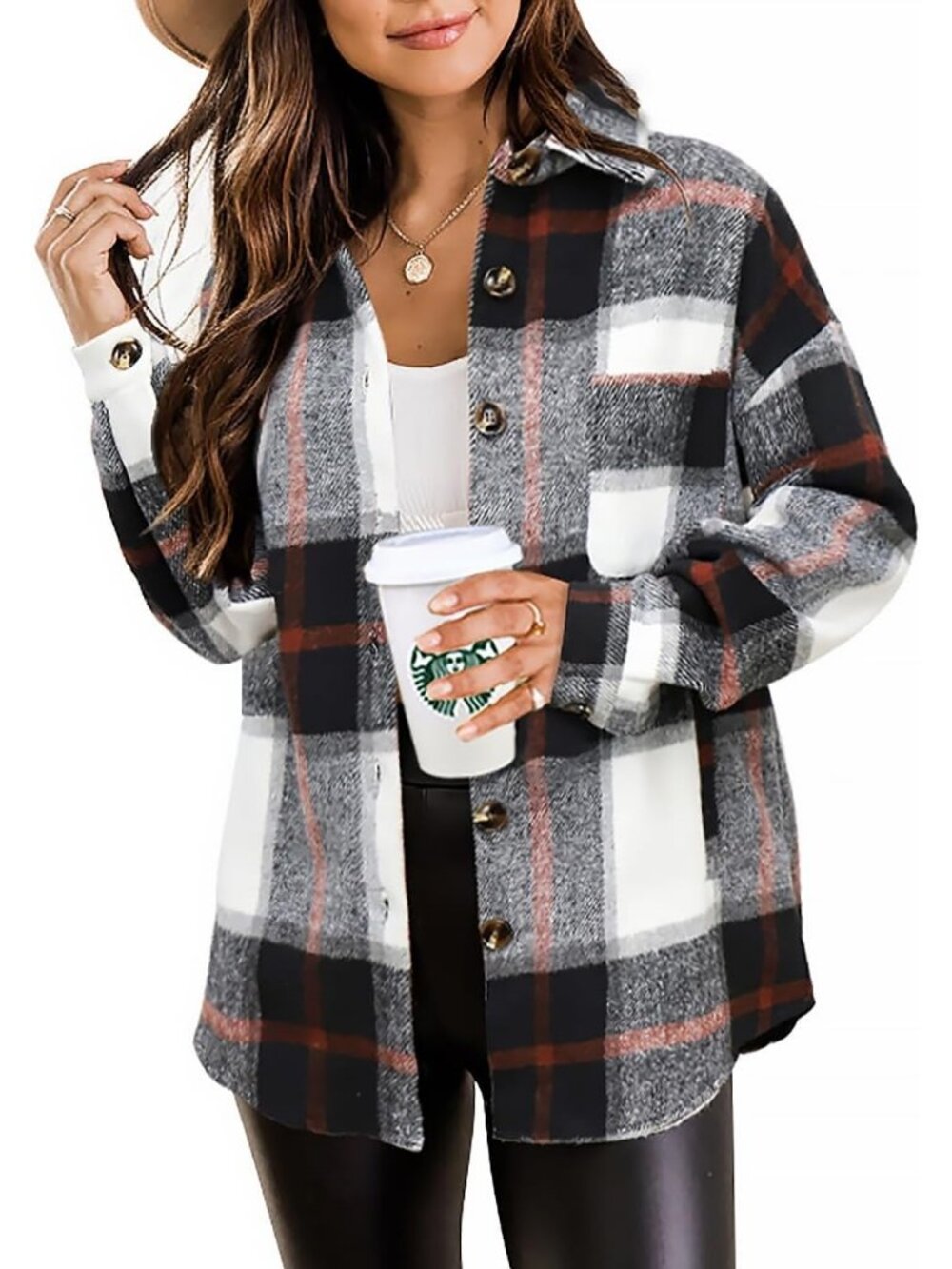 Women's Black Fall Plaid Long Sleeve Bust Pocket Button Down Flannel Shacket